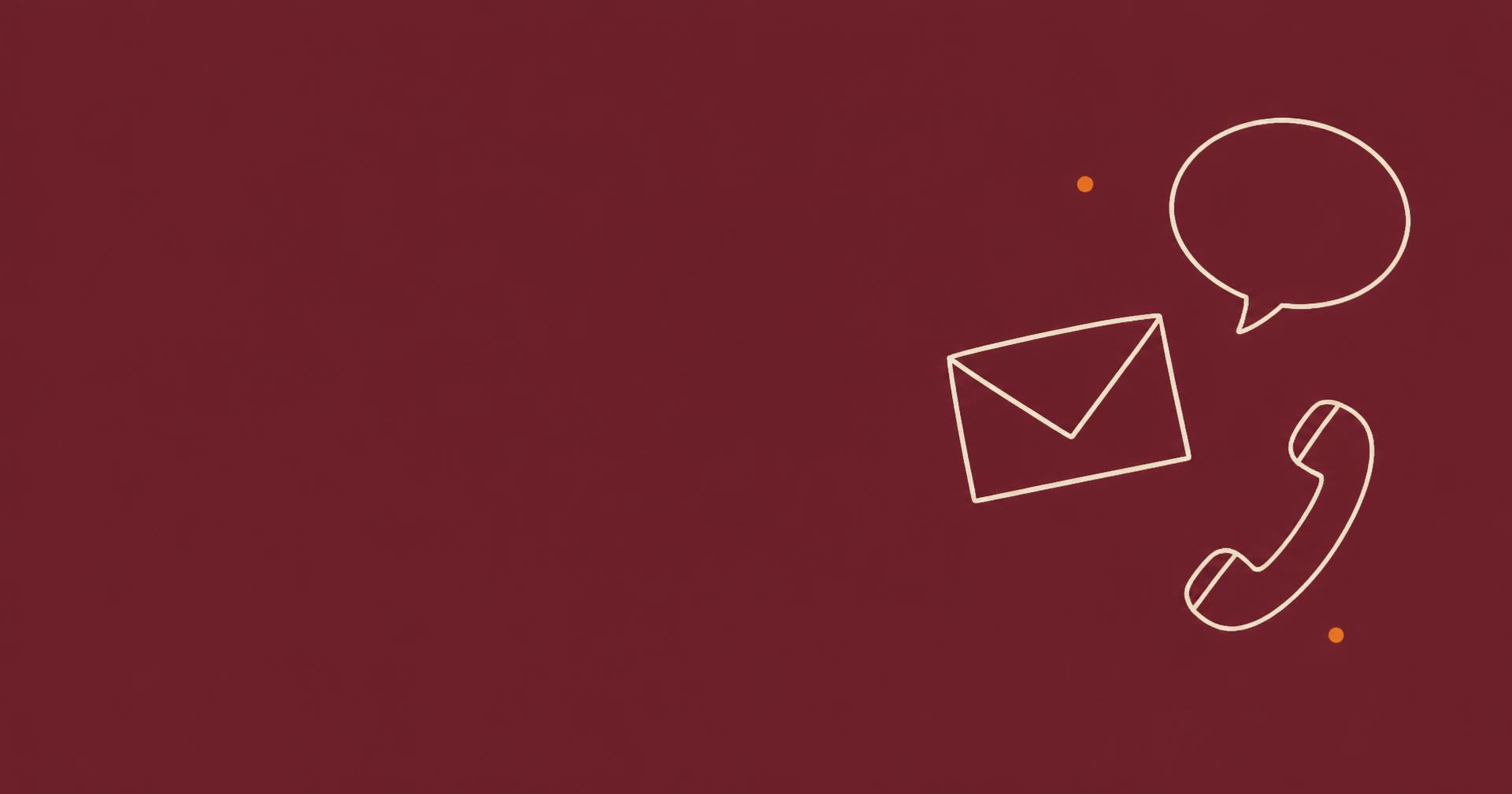 Lijntekening van een envelop, tekstballon en telefoon