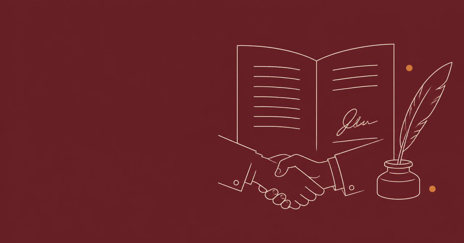 Lijntekening van een open document met handtekening, een handdruk en een pen