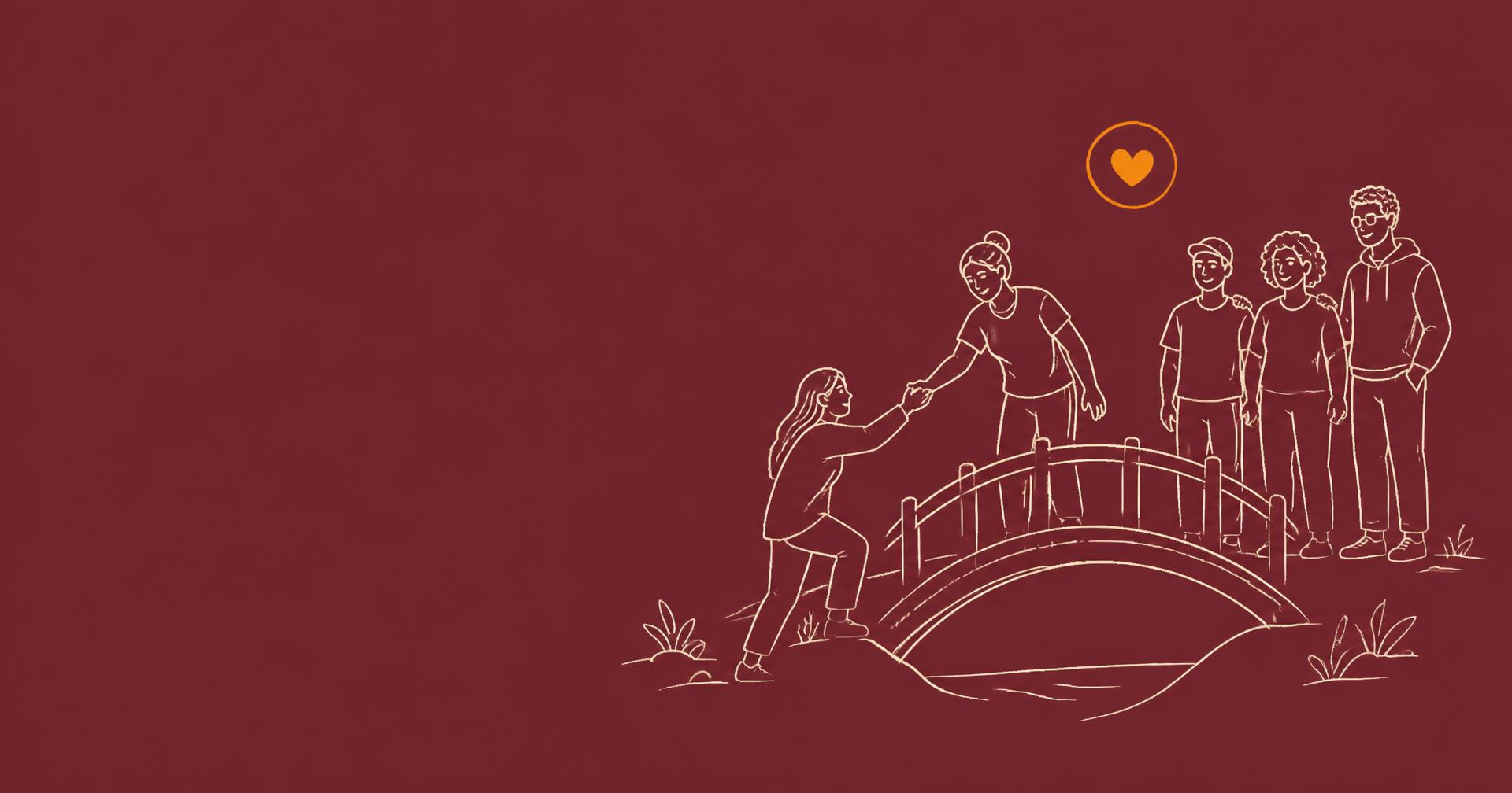 Lijntekening van vrijwilligers die samen een brug over steken